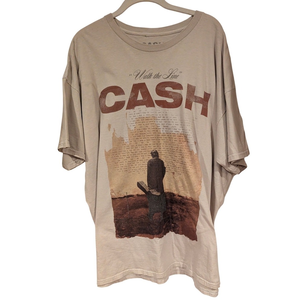 Johnny Cash Walk the Line Graphic T-Shirt S/M Beige Cotton Oversized Music Tee